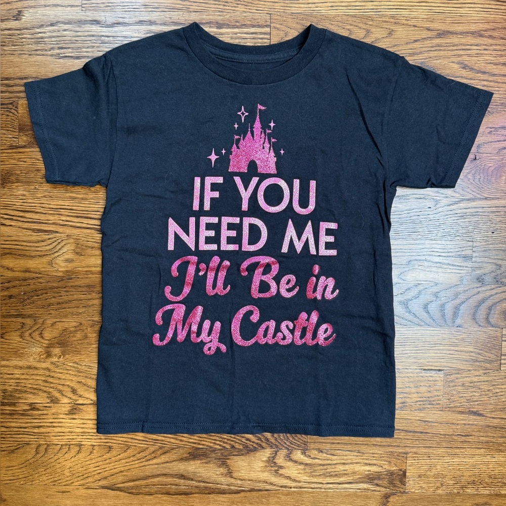 Disney Parks Girls Graphic Black Tee with Pink Castle Design Size M 8-10